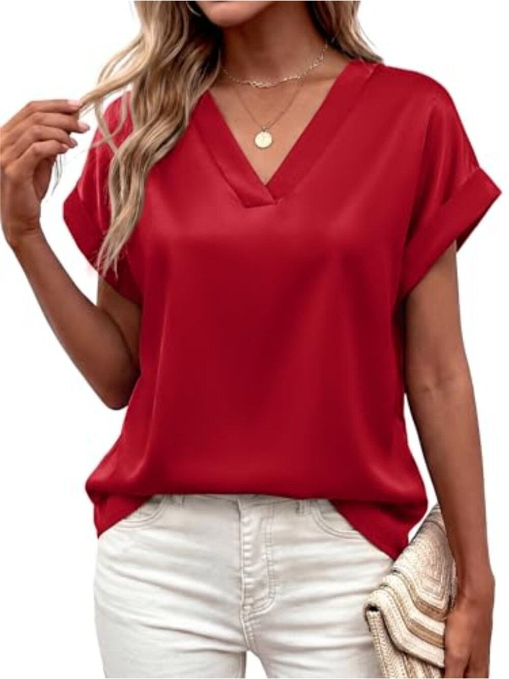 Satin V-Neck Short Sleeve Blouse Loose Fit Business Casual Top